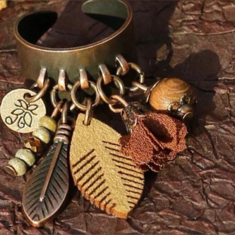 Bohemian Hippie Dangling Charms Wood Bead Feather Fabric Flower Copper Adj Ring - Picture 6 of 16